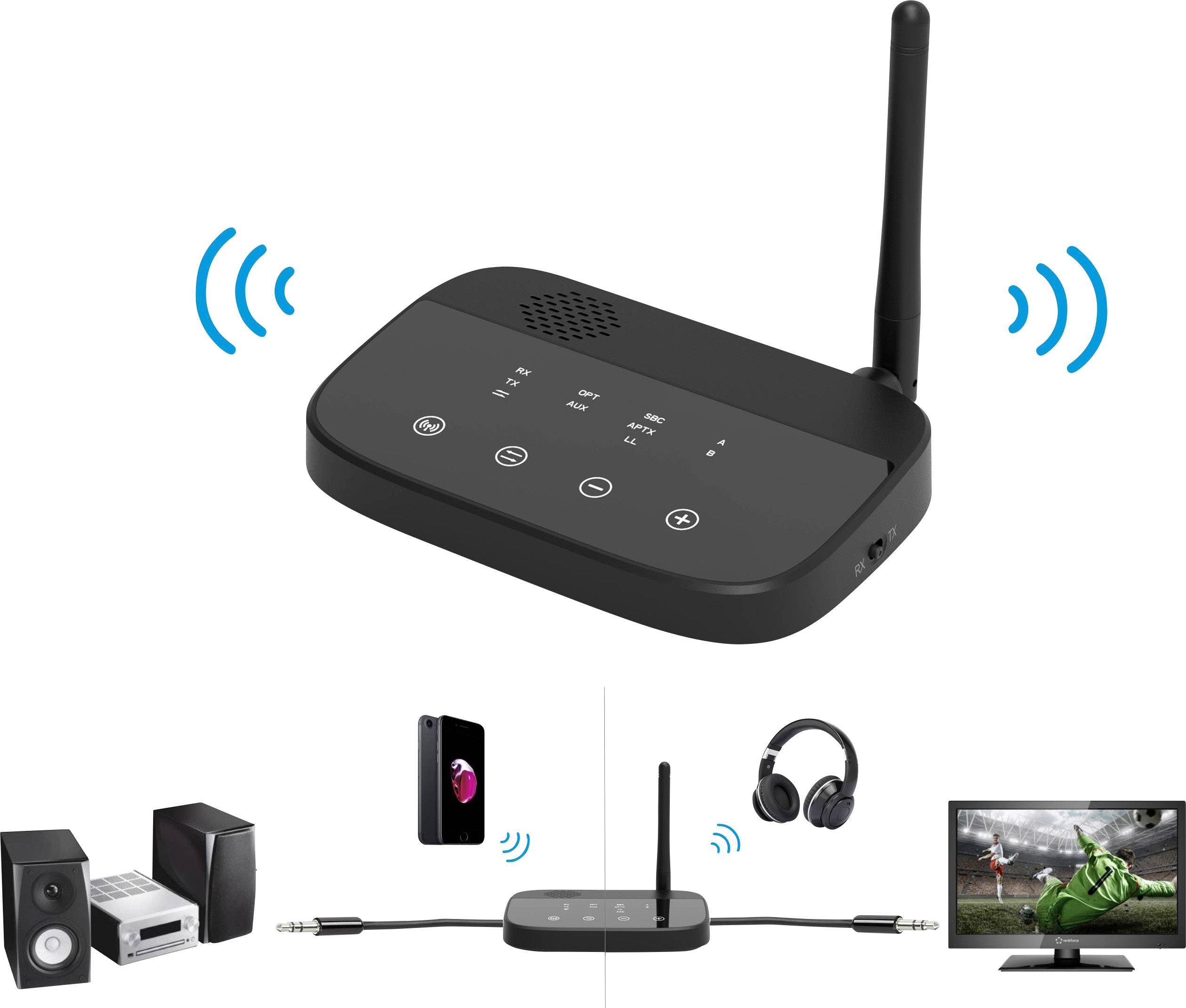 Ein schwarzer Bluetooth-Audio-Sender mit Antenne verbindet kabellos Lautsprecher, Smartphone, Kopfhörer und Fernseher.