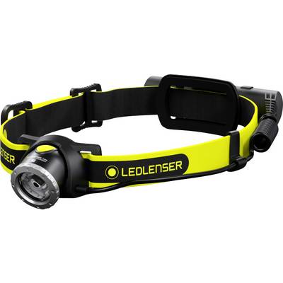 Stirnlampe mit verstellbarem Kopfband, gelb-schwarz, mit starker LED-Leuchte, seitlichem Schalter und Kabelmanagement.