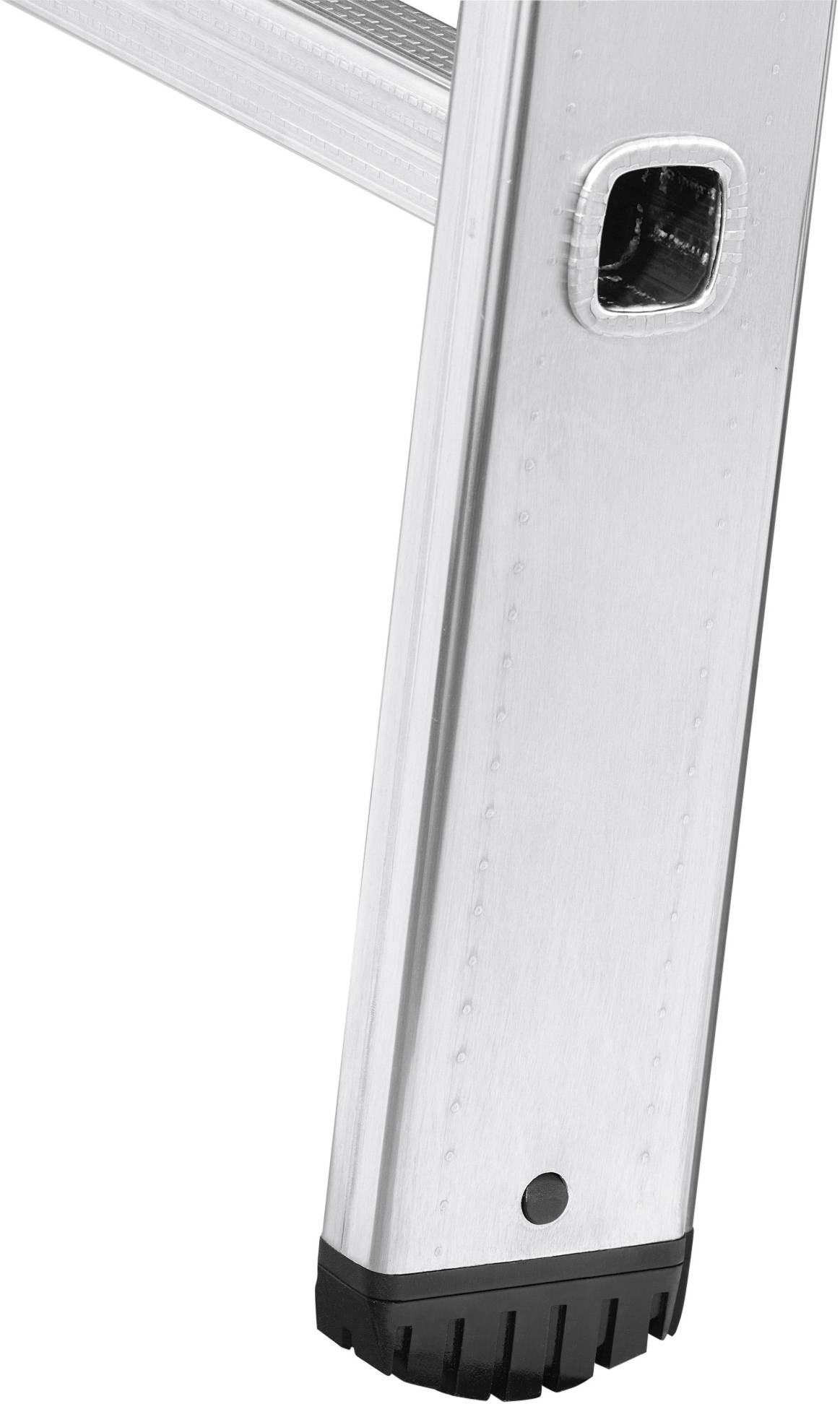 Aluminiumleiterbein mit schwarzem Antirutsch-Fuß, zeigt Stabilität und Sicherheit für Heimwerker- oder Profieinsätze.