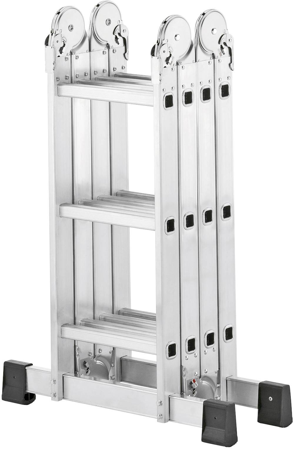 Mehrgelenk-Aluminiumleiter in zusammengeklappter Position, geeignet für vielseitige Anwendungen im Innen- und Außenbereich.