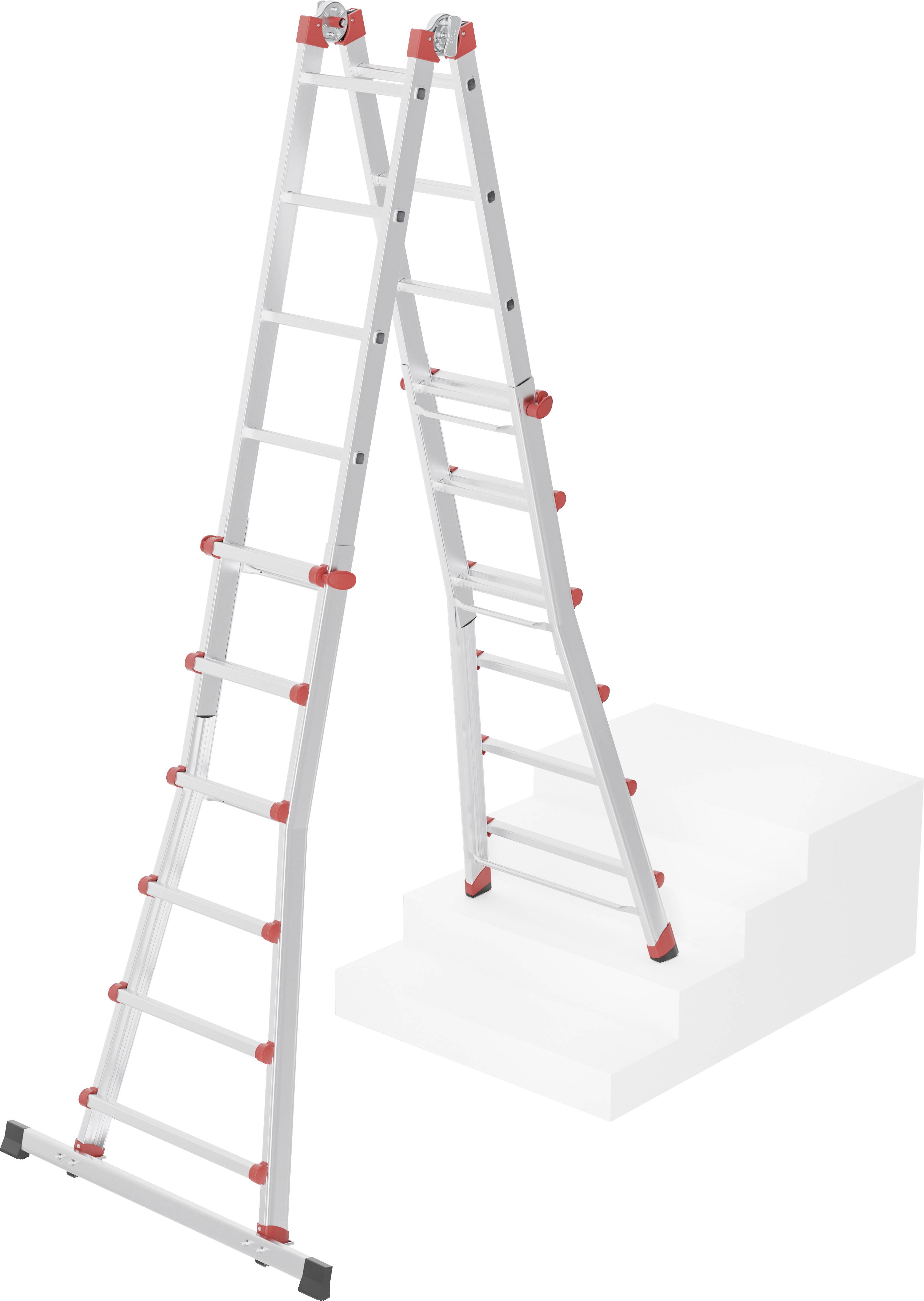 Eine verstellbare Leiter auf einer Treppe zeigt ihre Flexibilität in der Verwendung auf unebenen Flächen.