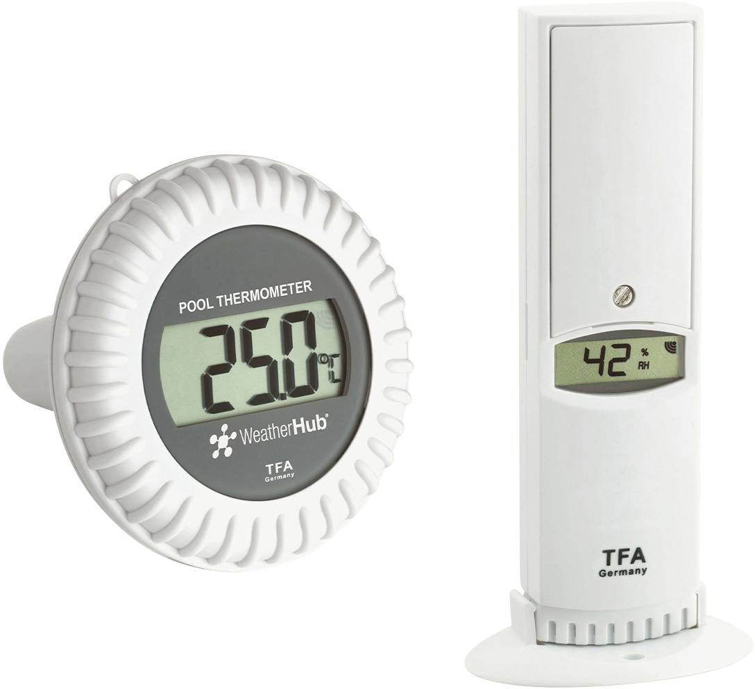 Bade- und Raumthermometer: Das Poolthermometer zeigt 25,0 Grad Celsius an, während das Raumthermometer 42 Prozent Luftfeuchtigkeit anzeigt.