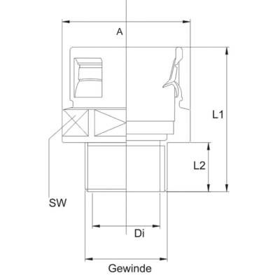 Technische Zeichnung eines Anschlussstücks mit Gewinde. Markiert sind 'SW', 'Di', die Gesamtlänge 'L1', und eine kleinere Länge 'L2'.