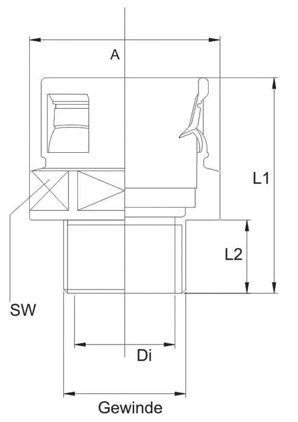 Technische Zeichnung eines Bauteils mit den Maßen A, L1, L2, SW und Di. Das Bauteil zeigt ein Gewinde und eine Hebelkomponente.