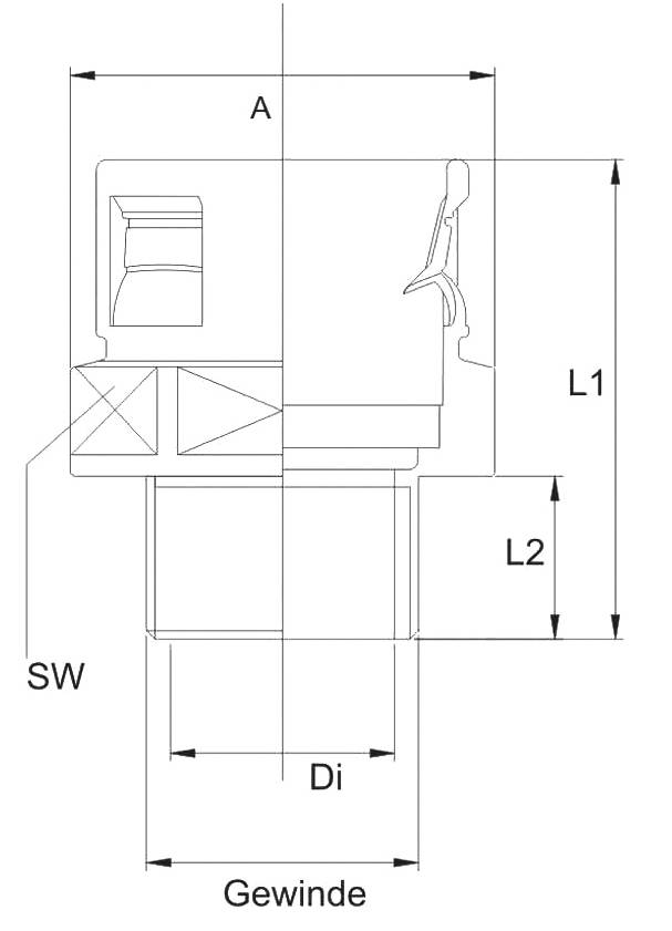 Technische Zeichnung eines schlauchlosen Ventils mit Maßangaben: A, L1, L2, SW, Di und Gewinde. Zeigt den seitlichen Querschnitt.