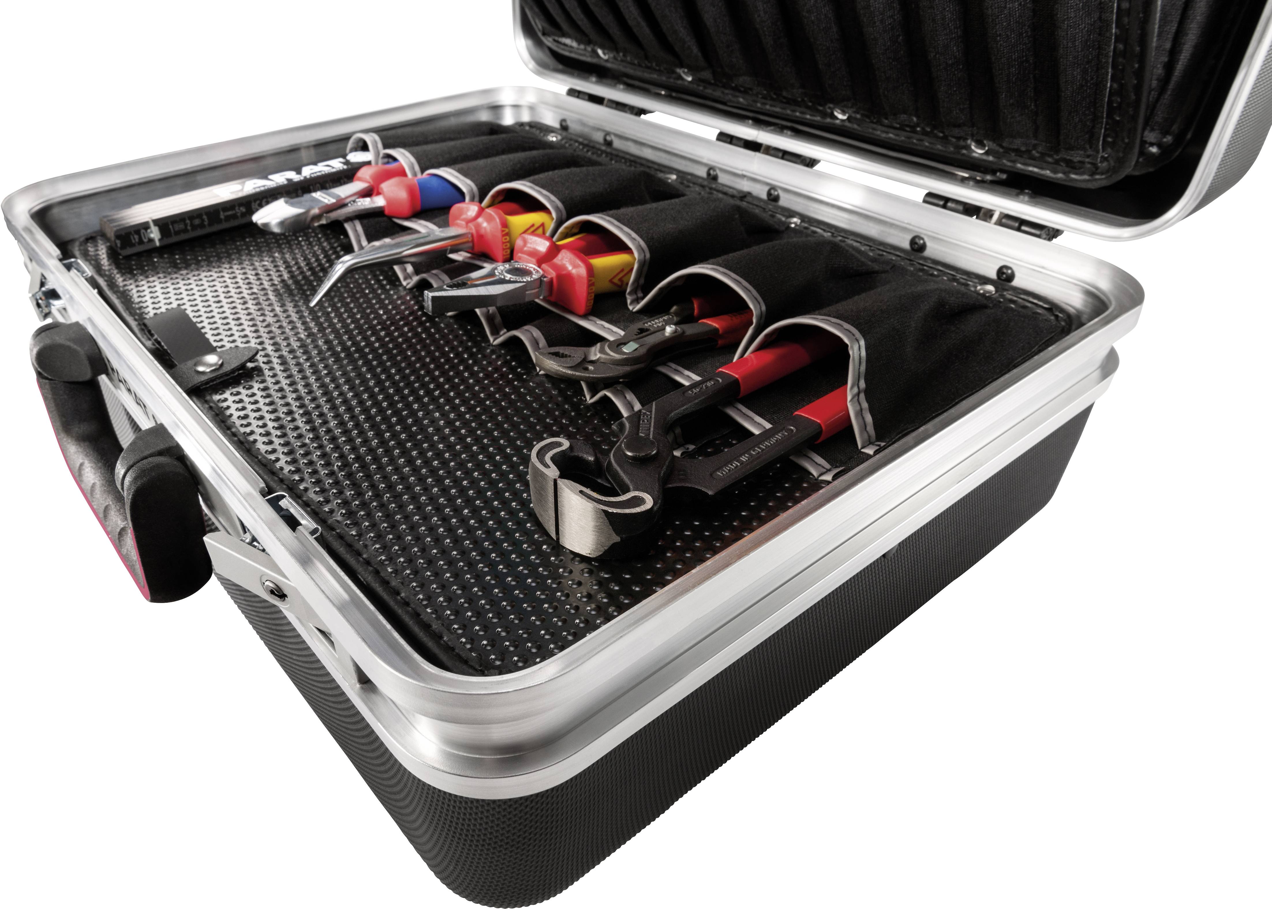 Ein offener Werkzeugkoffer mit verschiedenfarbigen Handwerkzeugen, geordnet in individuellen Haltern. Tools sind für Reparaturen gedacht.