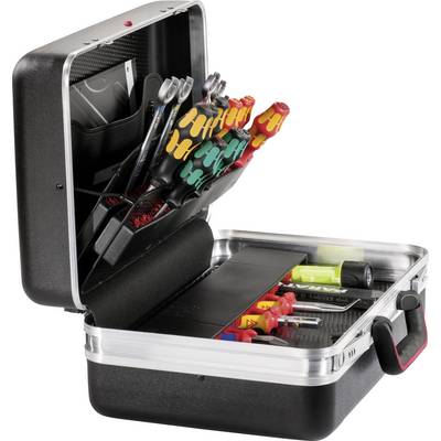 Ein offener Werkzeugkoffer mit farbigen Schraubendrehern, Zangen und einem Spannungsprüfer. Ideal für Elektroarbeiten.