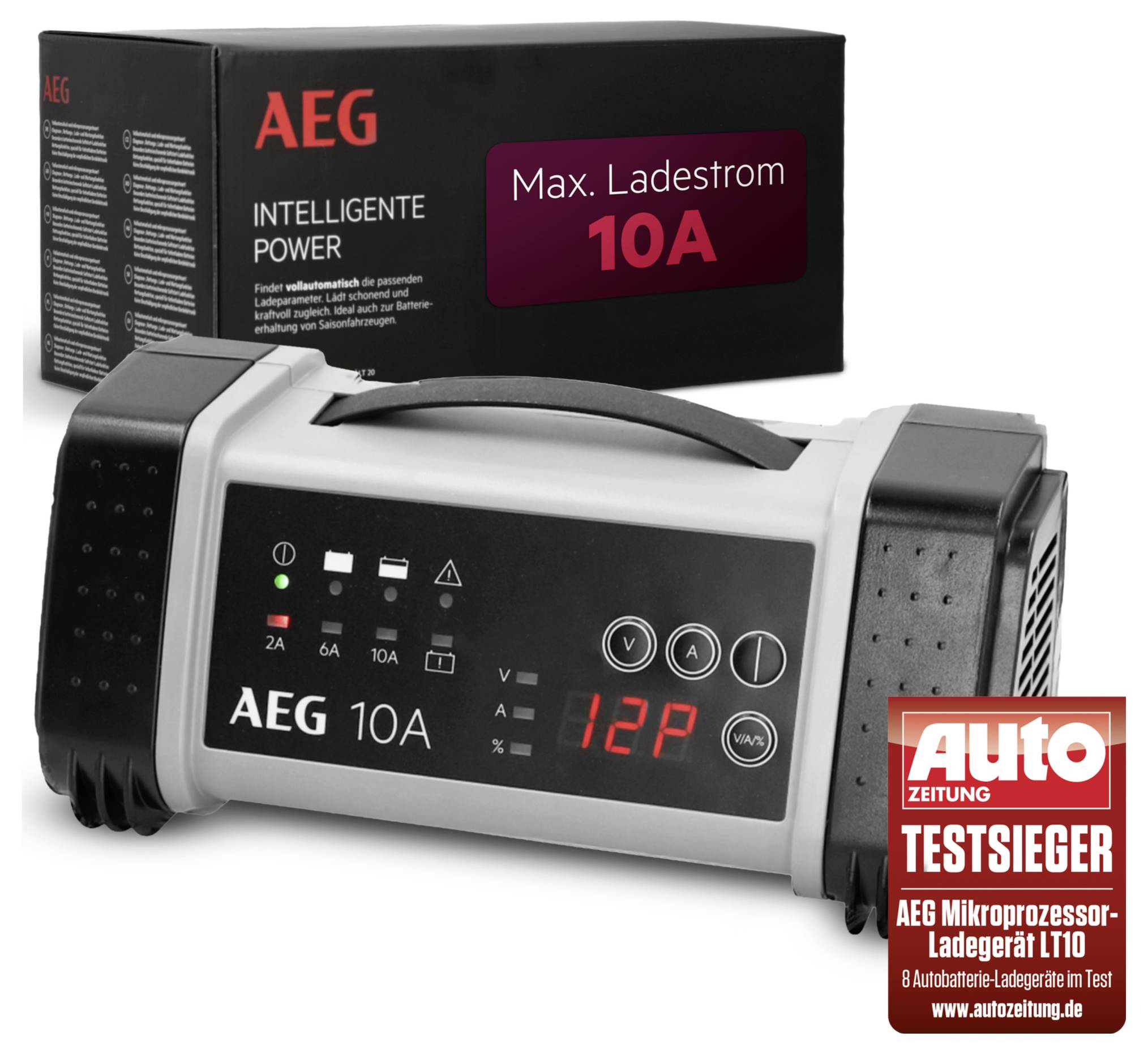 „AEG intelligentes 10A-Batterieladegerät mit Display, das „12P" anzeigt. Auf der Verpackung steht „Max. Ladestrom 10A". Auto Zeitung Auszeichnung für bestes Mikroprozessor-Ladegerät."