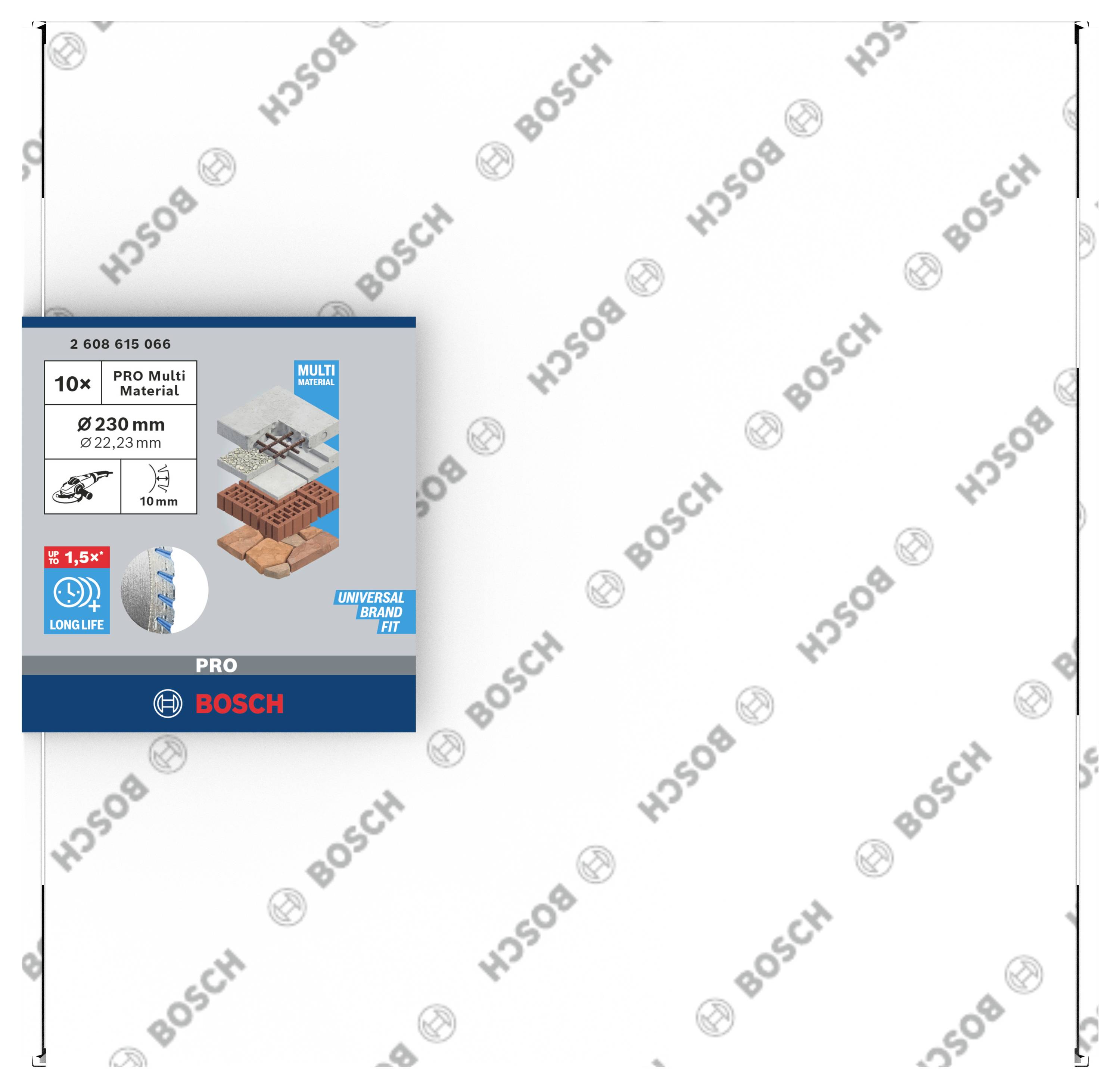 Verpackung einer Bosch-Multi-Material-Trennscheibe. Geeignet für Metall, Stein, Holz. Durchmesser 230 mm, Dicke 2,3 mm.