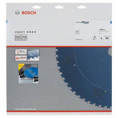 Verpackung für Bosch Sägeblatt 'expert' für Stahl, 355 mm Durchmesser, zeigt Produktmerkmale und Logos.