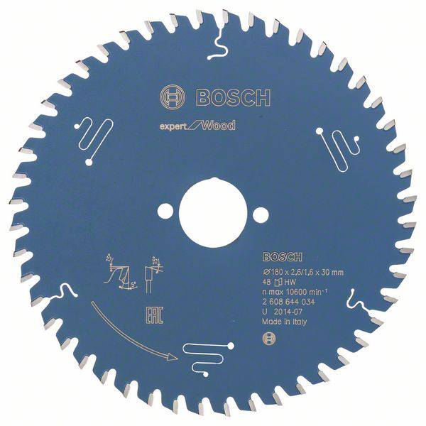 'Bosch Sägeblatt für Holz,' rund, blau mit Zähnen. Durchmesser 180mm, max. 16000 U/min. Eingraviertes Logo und technische Details.