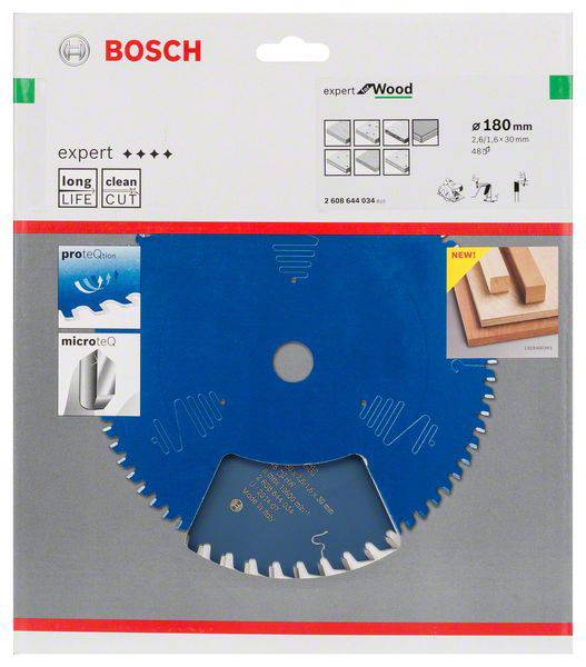 Eine Bosch Kreissägeblattverpackung mit dem Produkt 'Expert for Wood'. Das Sägeblatt hat einen Durchmesser von 180 mm und ist speziell für Holz geeignet.