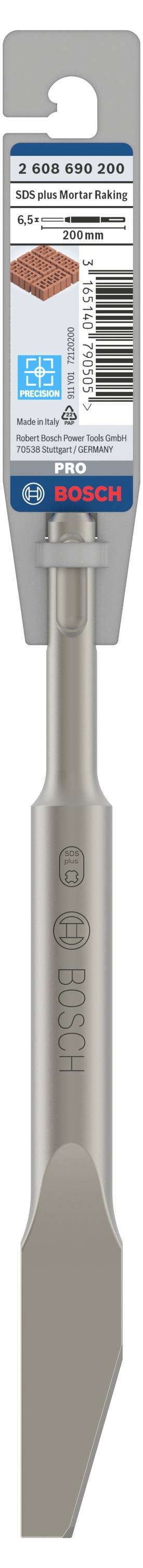 Flachmeißel von Bosch, 20 mm Breite, 250 mm Länge, in Verpackung. Geeignet für leichte Meißelarbeiten in Beton und Mauerwerk.
