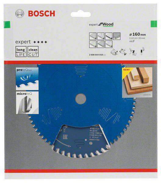 Verpackung einer Bosch Expert Kreissägeblatt (160 mm) für Holz, zeigt das Produkt, Schutzfunktionen und Anwendungsbeispiele.