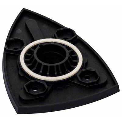 'Dreieckige schwarze Schleifplatte mit zentraler Metallhalterung und vier Ecken mit Schraublöchern, möglicherweise für Schleifgerät.'