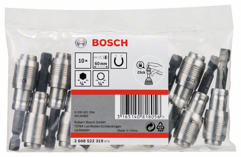 'Verpackung von Bosch Luftdüsenadaptern, 10 Stück, silberfarben. Enthält Produktinformationen, Barcode und Herstellungsdetails.'