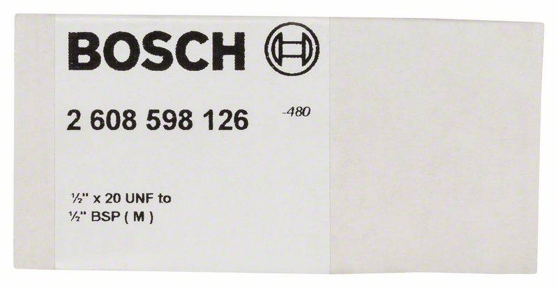 Etikett mit dem Text: 'BOSCH 2 608 598 126', gefolgt von '½" x 20 UNF to ½" BSP (M)'.