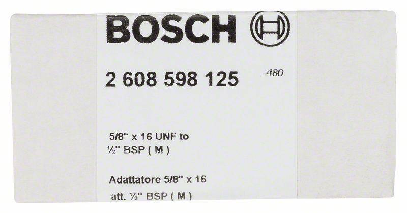 'Bosch'-Verpackungsetikett mit Nummer '2 608 598 125'. Adapterbeschreibung: 5/8'' x 16 UNF zu 1/2'' BSP (M).