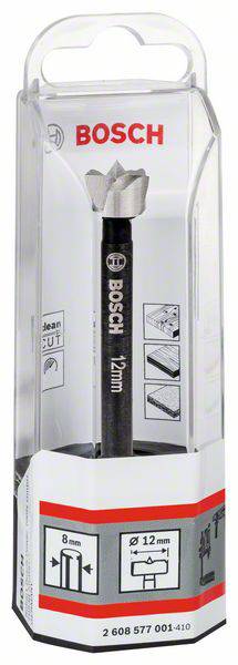 Bohrerspitze in Verpackung, Marke 'Bosch', geeignet für 12 mm Löcher. Geeignet für Materialien mit Illustrationen auf der Packung.