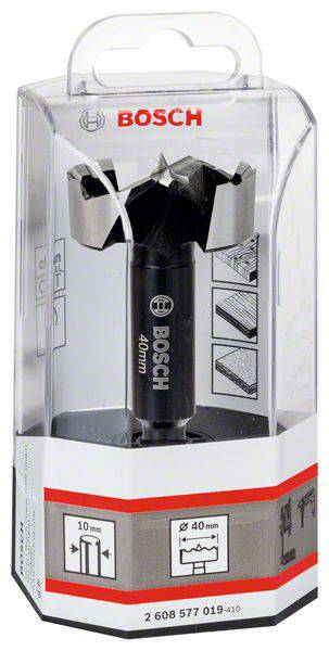 'Bosch' Forstnerbohrer in Verpackung, 40 mm Durchmesser, ideal für Holzarbeiten. Verpackung zeigt Anwendungen, Größe und Bohrtiefe.