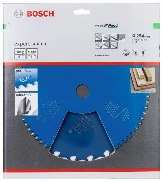 Kreissägeblatt-Verpackung von Bosch, geeignet für Holz, Durchmesser 254 mm, Expertenqualität mit langer Lebensdauer und sauberem Schnitt.