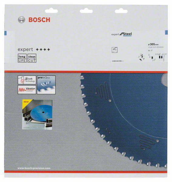 Verpackung einer Bosch-Sägeblattklinge, 305 mm, mit Hinweisen auf lange Lebensdauer und saubere Schnitte. Enthält Produktbilder.