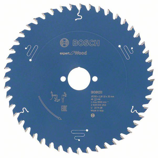 Eine runde blaue Kreissägeklinge mit scharfen Zähnen, beschriftet mit 'Bosch Expert for Wood'. Made in Italy.
