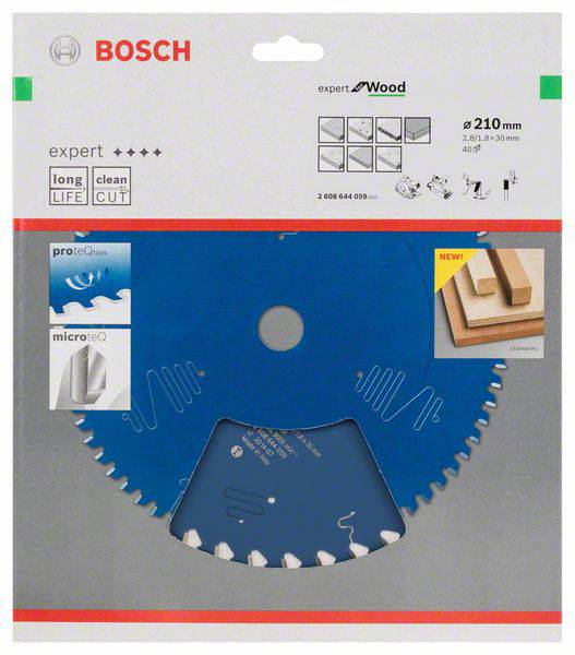 Eine runde blaue Kreissägeblatt-Verpackung von Bosch mit der Aufschrift 'expert für Holz', zeigt Holz- und Schnittsymbole.