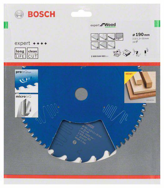 'Bosch Sägeblatt für Holz, 190 mm Durchmesser, Expertenqualität. Verpackung zeigt Symbole für lange Lebensdauer und sauberen Schnitt.'