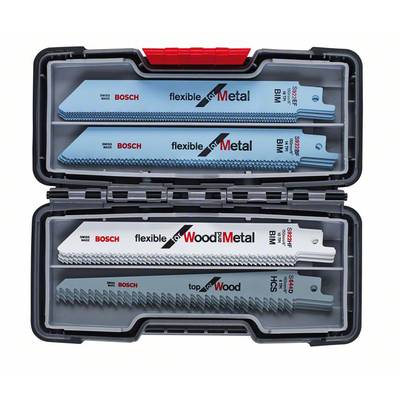 Säbelsägeblätter-Set in einer Box; obere Reihe für Metallbearbeitung, untere Reihe für Holz- und Metallarbeiten. Enthält sechs Blätter.