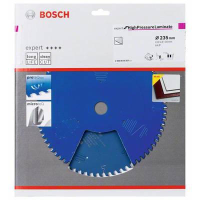 Eine Bosch Expert Sägeblattverpackung für Hochdrucklaminat. Zeigt ein blaues Sägeblatt mit 235 mm Durchmesser und Produktspezifikationen.