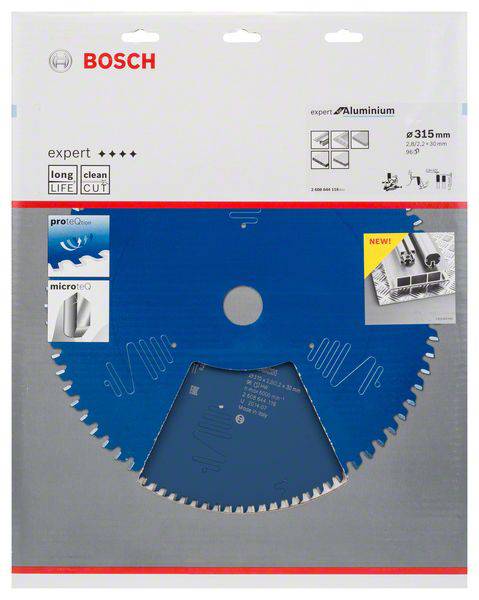 Blaues Bosch Kreissägeblatt in Verpackung, geeignet für Aluminium. Verpackung zeigt Produktmerkmale wie Langlebigkeit und saubere Schnitte.