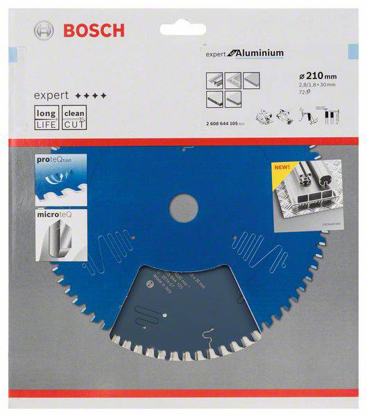 'Sägeblatt Bosch Expert für Aluminium, Durchmesser 210 mm, Anzeige der Funktionen wie 'lange Lebensdauer', 'sauberer Schnitt'.'