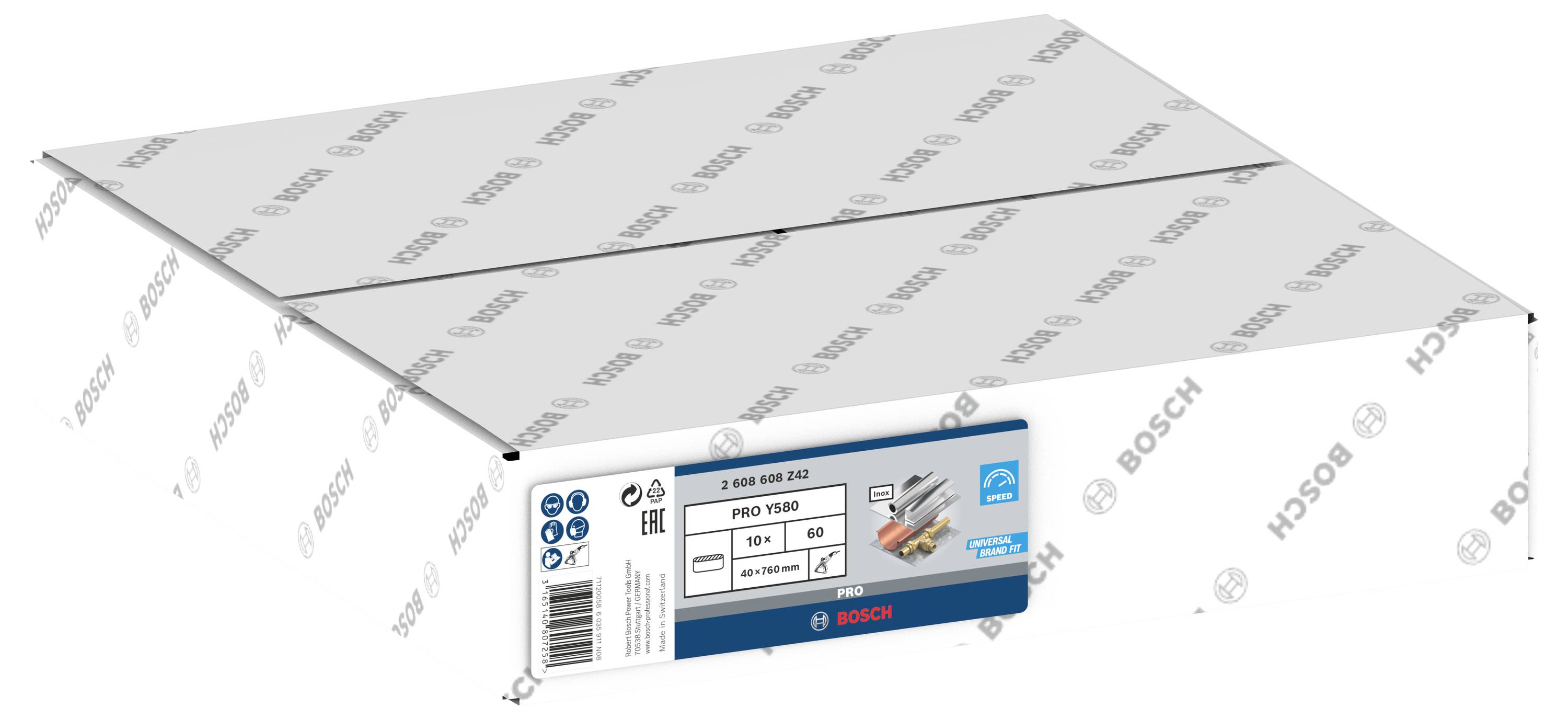 Abbildung einer Bosch-Verpackung mit Produktinformationen für einen 'Pro 1500'. Verpackung zeigt technische Details und Markenlogo.