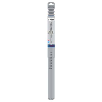 Steinbohrer verpackt, markiert mit 'BOSCH' und 'SDS Plus-7X'. Design für Beton und Mauerwerk. Gezeigt in einer grauen Kunststoffverpackung.