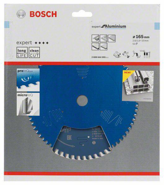 Kreissägeblatt von Bosch für Aluminium, Durchmesser 165 mm, 52 Zähne, in Verpackung. Enthält Symbole für Langlebigkeit und sauberen Schnitt.