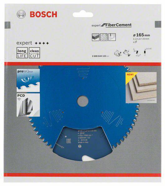 Verpackung eines Bosch 'Expert for Fiber Cement' Sägeblatts, 165 mm Durchmesser, geeignet für lange Lebensdauer und saubere Schnitte.