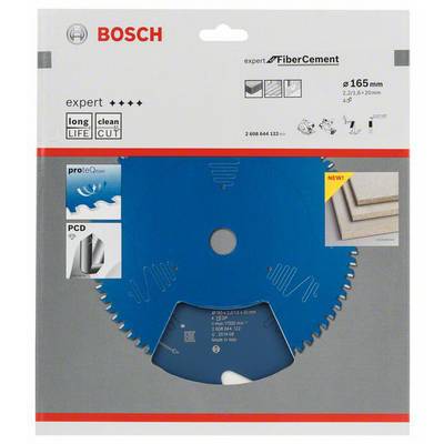 Verpackung eines Bosch 'Expert for Fiber Cement' Sägeblatts, 165 mm Durchmesser, geeignet für lange Lebensdauer und saubere Schnitte.