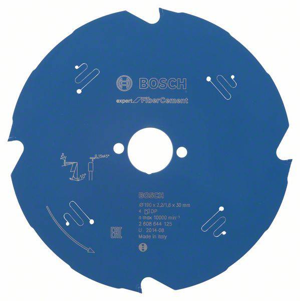 Blaues Sägeblatt mit Aufschrift 'BOSCH expert/Fiber Cement', sowie technischen Spezifikationen und Symbolen. Hauptsächlich für Faserzement geeignet.