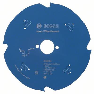 Blaues Sägeblatt mit Aufschrift 'BOSCH expert/Fiber Cement', sowie technischen Spezifikationen und Symbolen. Hauptsächlich für Faserzement geeignet.