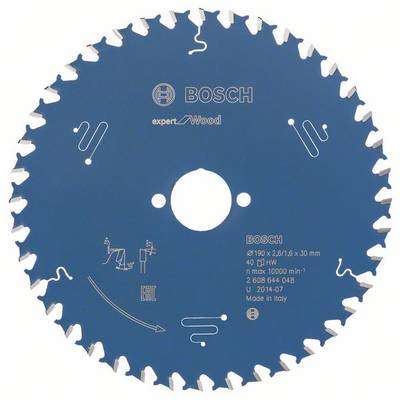 'Kreissägeblatt von Bosch, Modell Expert for Wood, Durchmesser 190 mm, 40 Zähne, maximale Drehzahl 10.000 U/min, hergestellt in Italien.'