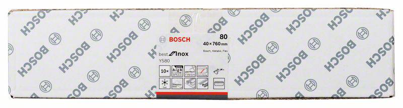 Die Verpackung zeigt Bosch Schleifblätter, Körnung 80, Größe 40x760 mm, geeignet für Holz und Farbe.
