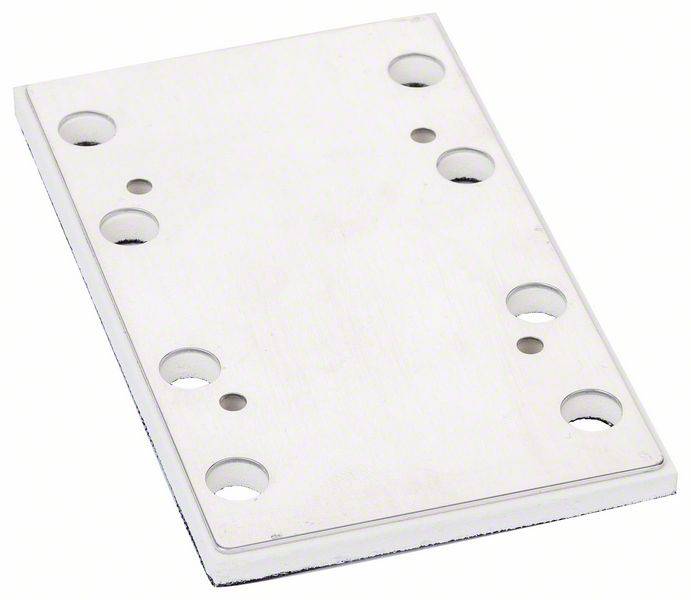 Rechteckige, weiße Metallplatte mit mehreren Löchern unterschiedlicher Größe. Geeignet für industrielle Befestigungen oder Montagezwecke.
