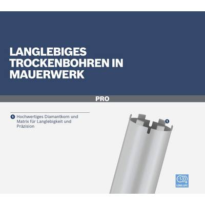'Langlebiges Trockenbohren in Mauerwerk. Hochwertiges Diamantkorn und Matrix für Langlebigkeit und Präzision.' Eine Bohrkrone wird gezeigt.