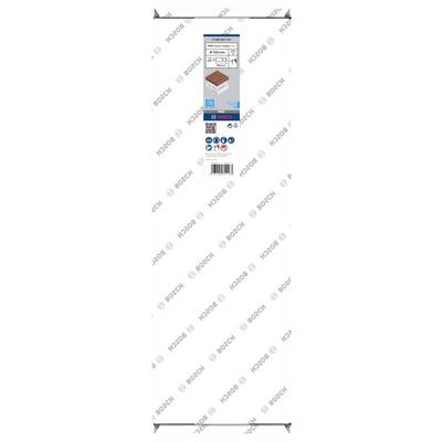 Verpackung einer Bosch-Schleifscheibe. Zeigt die Marke, Produktdetails wie Größe und Kompatibilität. Hintergrundmuster mit Bosch-Logo.