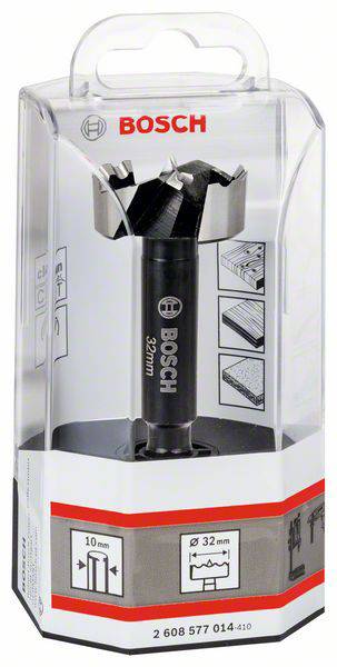 'Bosch Forstnerbohrer, 32 mm Durchmesser, mit 10 mm Schaft, geeignet für Holzbohrungen. Verpackung zeigt Anwendungsdiagramme.'