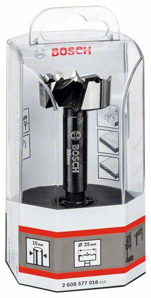 Bohrer von Bosch, verpackt in Kunststoffbox. Für Holzarbeiten, Durchmesser 35mm, zeigt Icons für Einsatzmöglichkeiten auf der Verpackung.