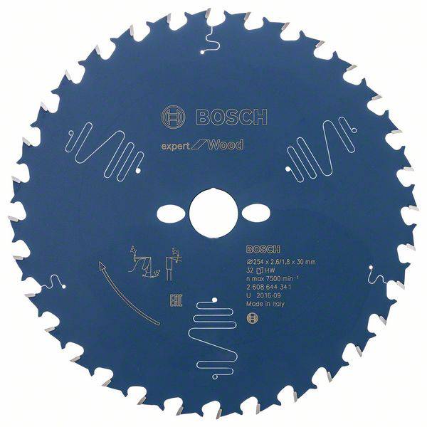 Blaues Sägeblatt von Bosch, Modell 'expert for Wood', mit Informationsdetails zur Größe und Schnittkapazität, hergestellt in Italien.