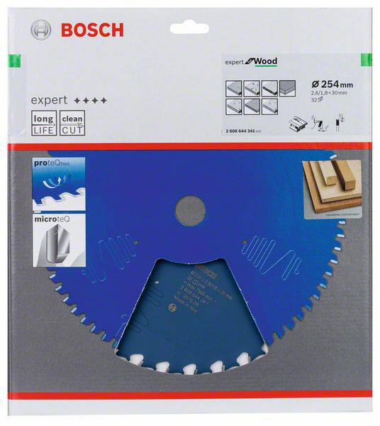 'Bosch Kreissägeblatt 254 mm für Holz, langes Leben, sauberer Schnitt; Verpackung zeigt Details zur Technologie und Anwendungsbeispiele.'