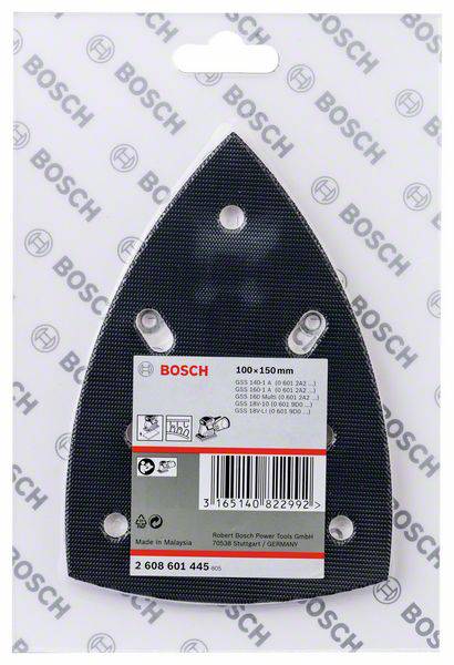 'Bosch Schleifplatte, 100x150 mm, dreieckig, mit vier Löchern. Verwendungsbeispiel in Abbildungen. Hergestellt in Malaysia.'